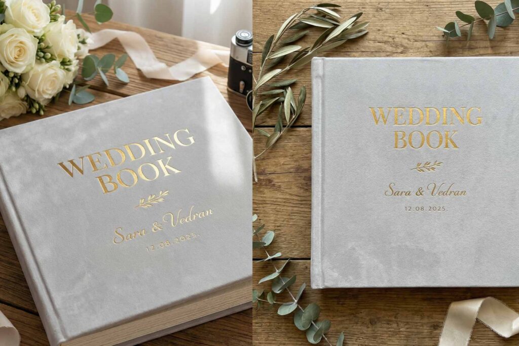 vjenčani album, wedding book, album za mladence, personalizirana foto knjiga, foto album, magical book lab, baršunasti album